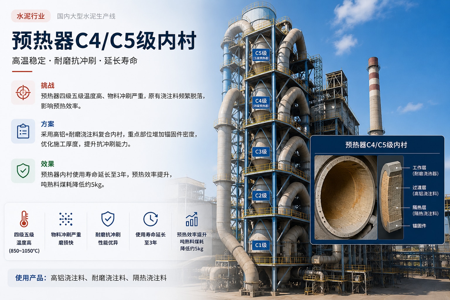水泥行业 预热器 C4/C5 级内衬 部位配套实景